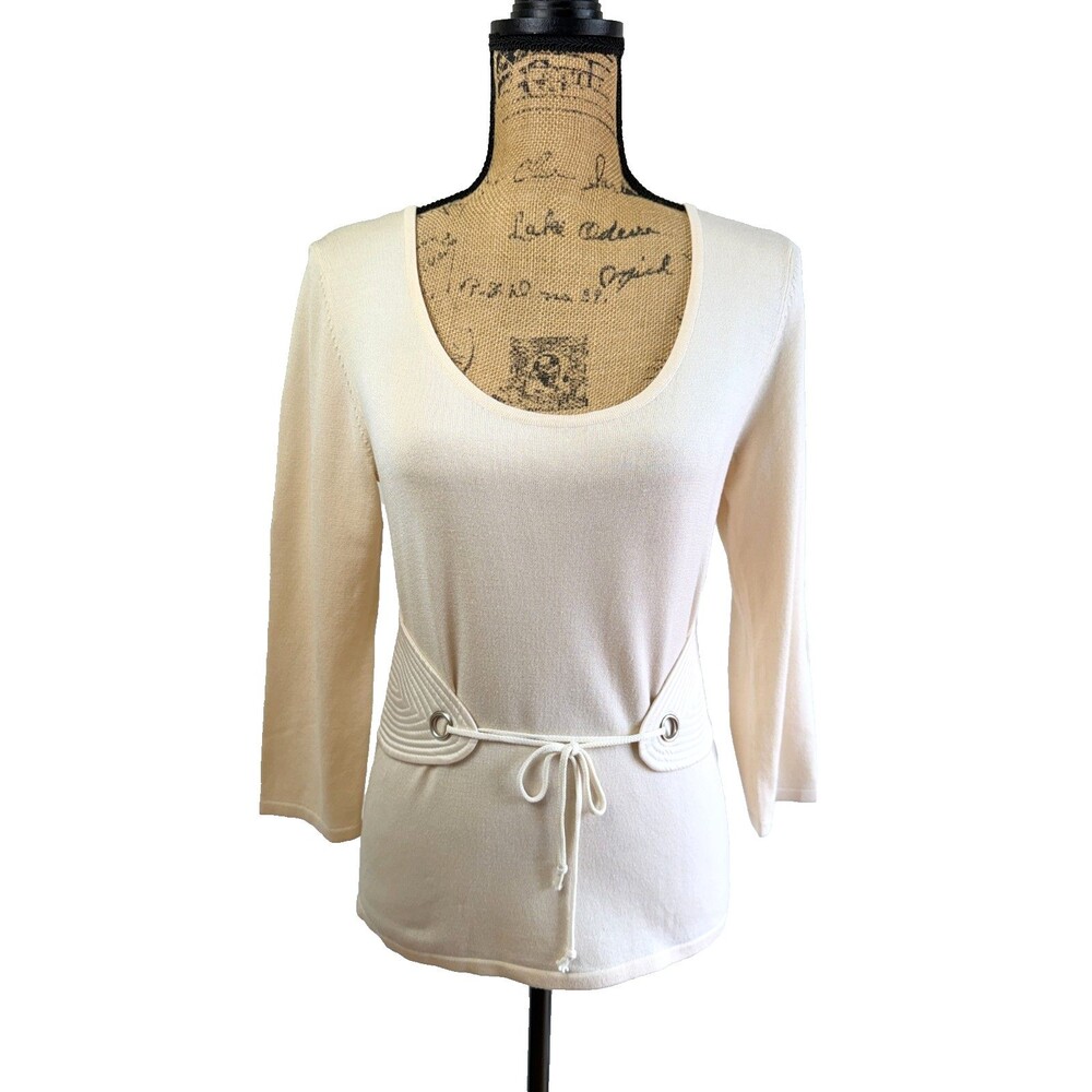 Etcetera Ivory Knit Top Grommet Tie Waist Corset Detail 3/4 Sleeve Sz S